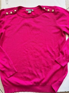 Woman’s Bright Pink Crewneck Sweater with Gold Shoulder Buttons